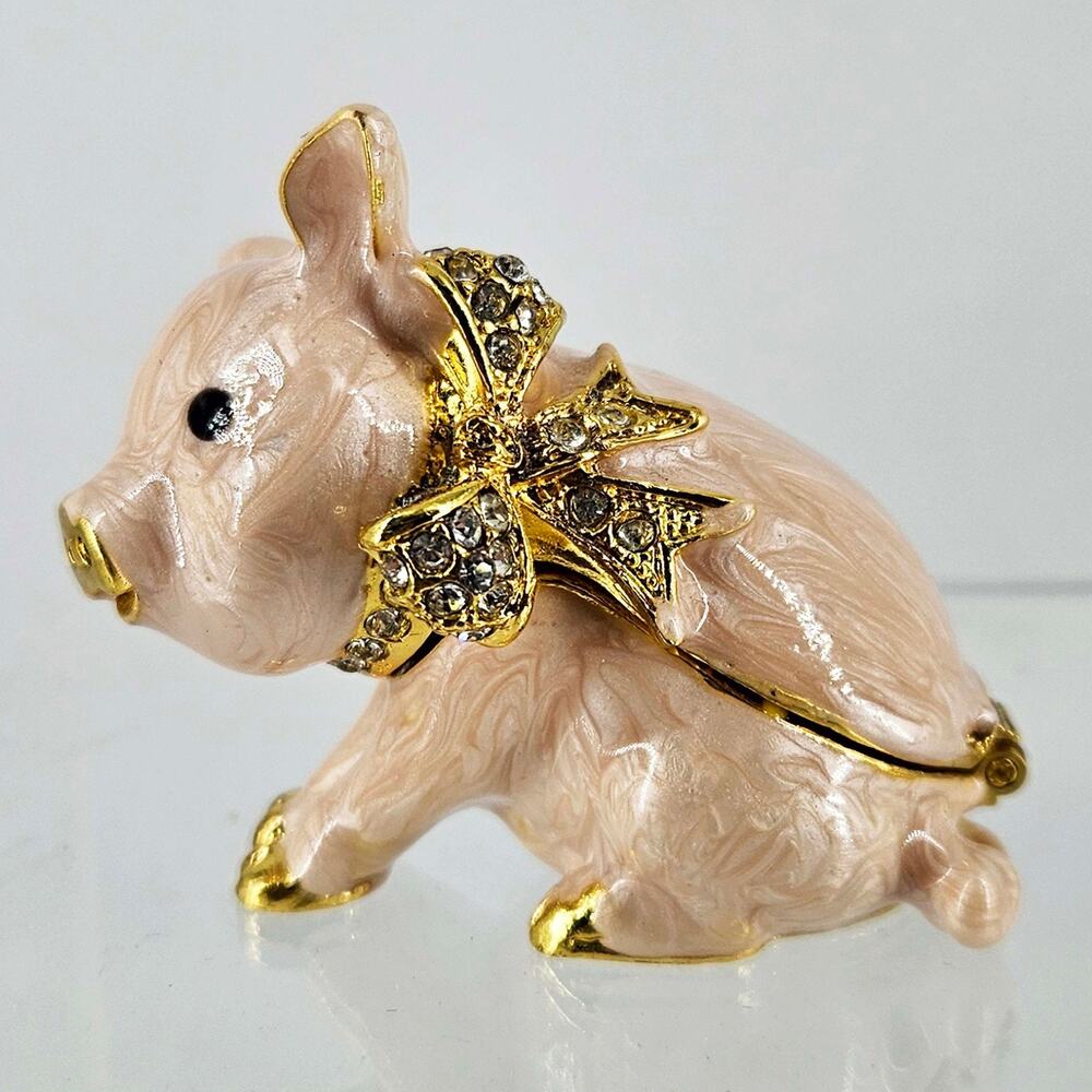 Pink pig piggy piglet Metal Enamel Hinged Jewelry Trinket Box Jeweled Rhinestone